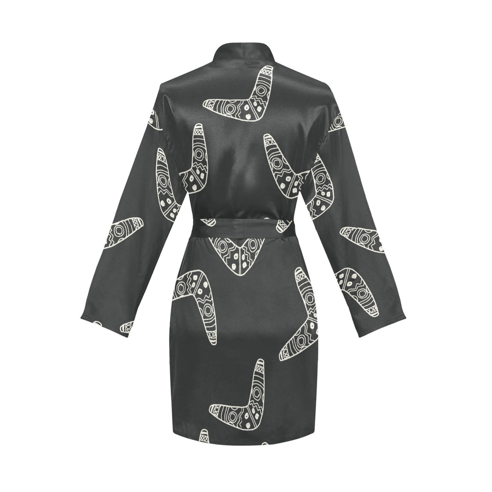 Hand drawn boomerang Australian aboriginal ornamen Women's Long Sleeve Belted Night Robe