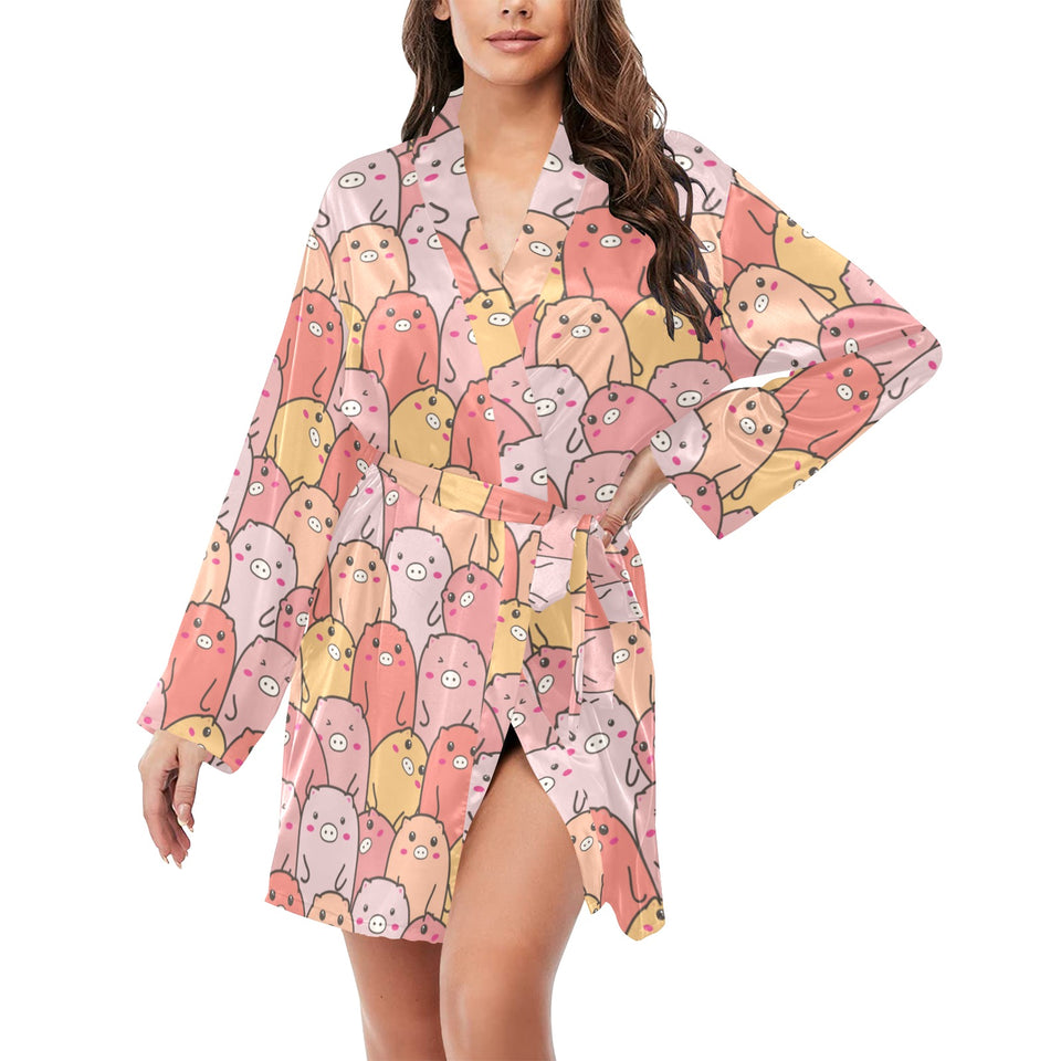 Pig Pattern Print Design 04 Women's Long Sleeve Belted Night Robe