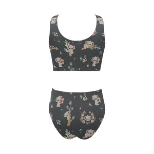 Cute koala pattern Chest Bowknot High Waisted Bikini Swimsuit