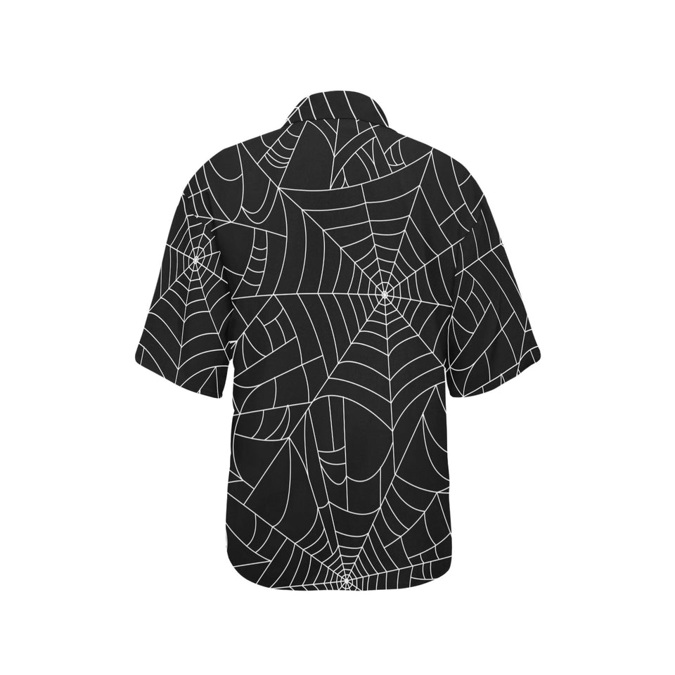 Spider web pattern Black background white cobweb Women's All Over Print Hawaiian Shirt