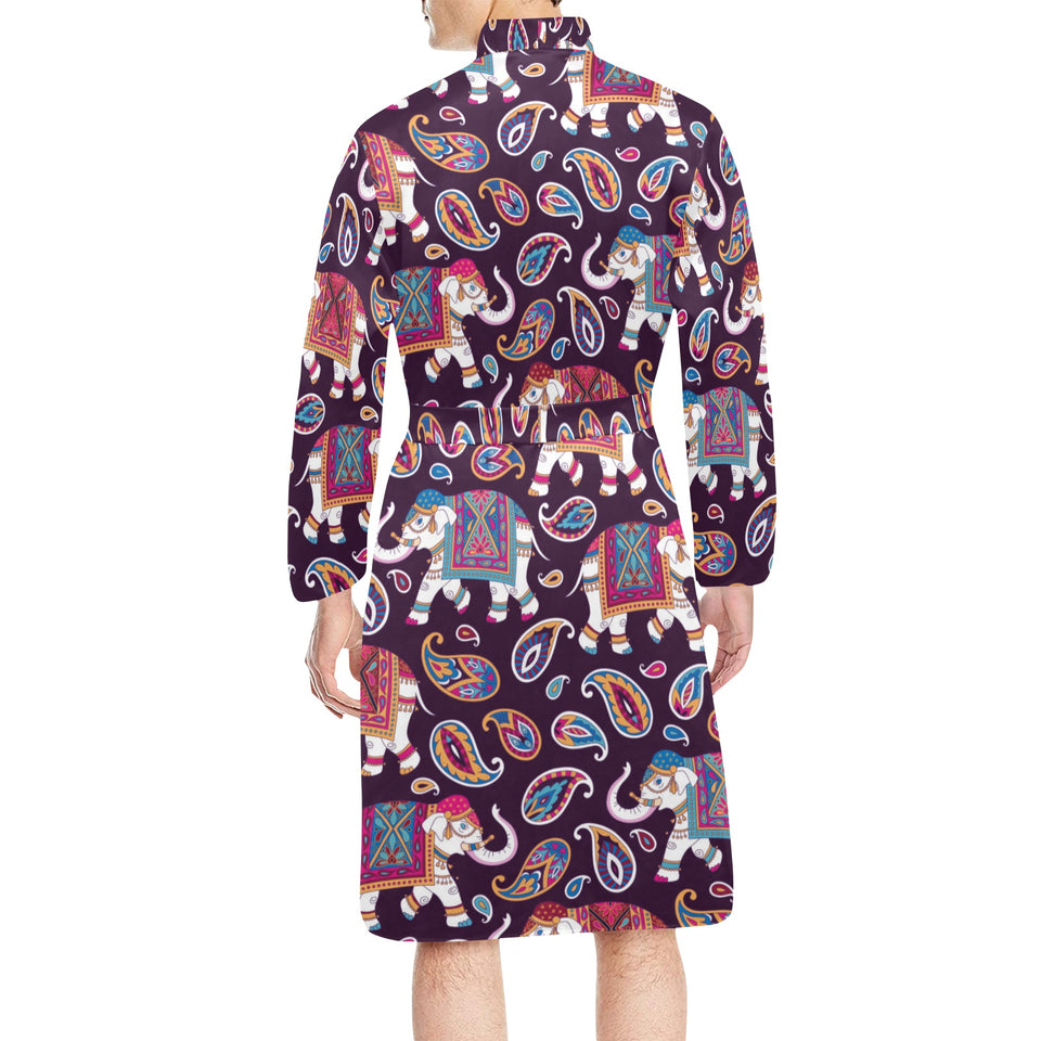 Elephant indian style ornament pattern Men's Long Sleeve Belted Night Robe