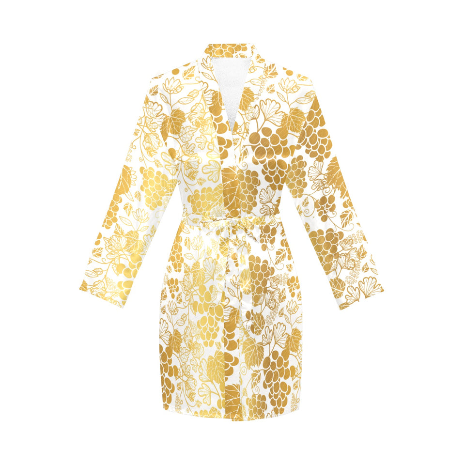 Gold grape pattern Women's Long Sleeve Belted Night Robe