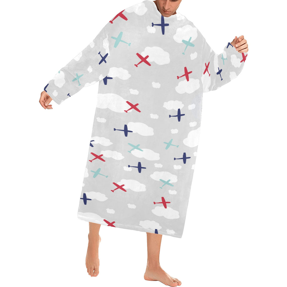Airplane cloud grey background Blanket Robe with Sleeves