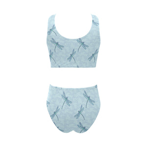 Dragonfly pattern blue background Chest Bowknot High Waisted Bikini Swimsuit