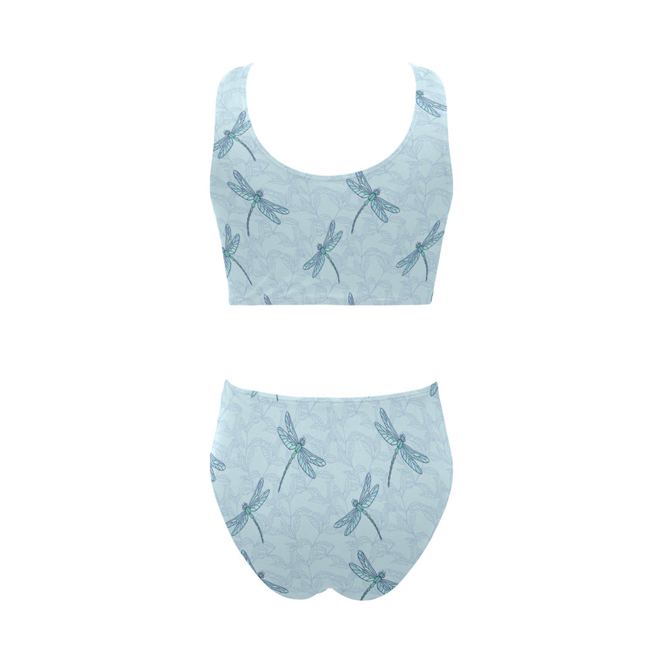 Dragonfly pattern blue background Chest Bowknot High Waisted Bikini Swimsuit