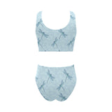Dragonfly pattern blue background Chest Bowknot High Waisted Bikini Swimsuit