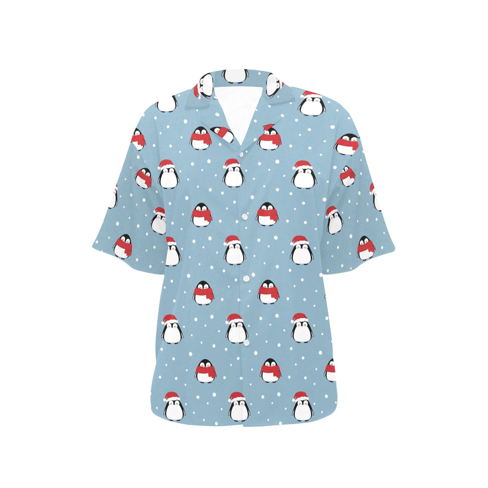 Cute penguin christmas snow pattern Women's All Over Print Hawaiian Shirt