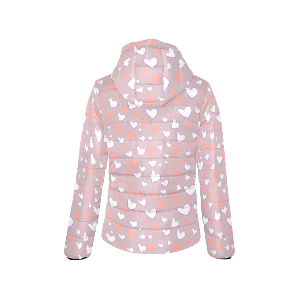coral white heart pattern Women's Padded Hooded Jacket