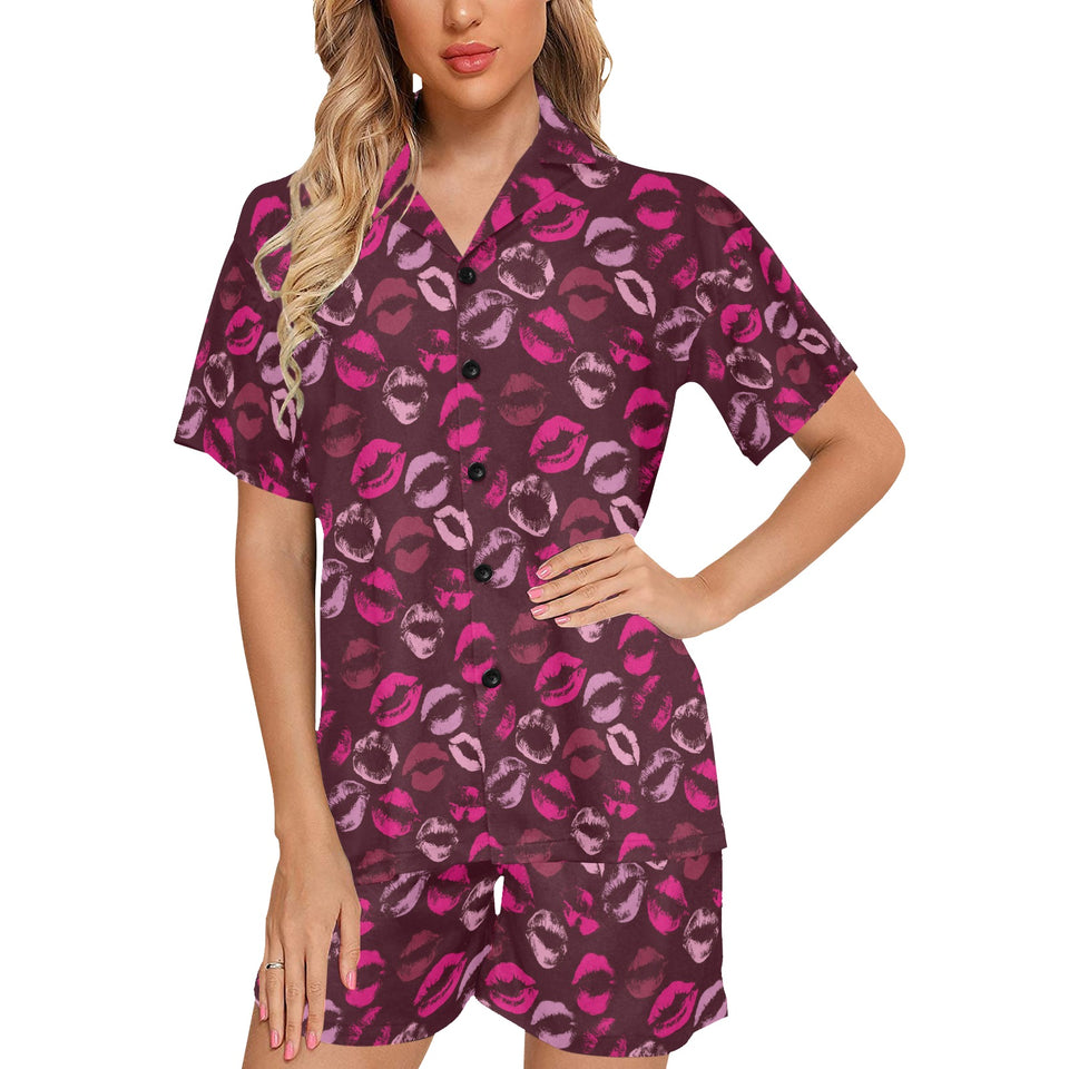 Lips Pattern Print Design 03 Women's V-Neck Short Pajama Set