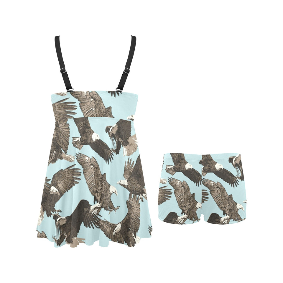 Eagle Pattern Print Design 01 Chest Sexy Pleated Two Piece Swim Dress