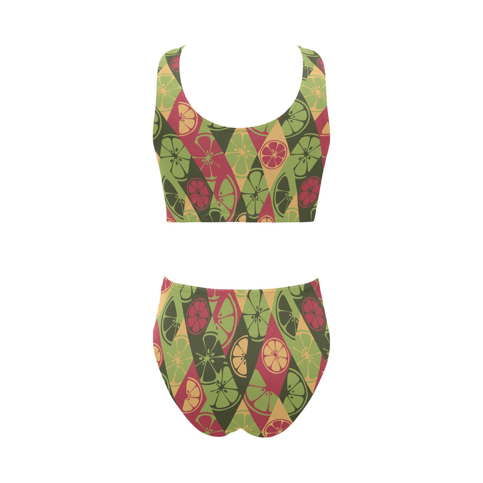 Cool Geometric lime pattern Chest Bowknot High Waisted Bikini Swimsuit