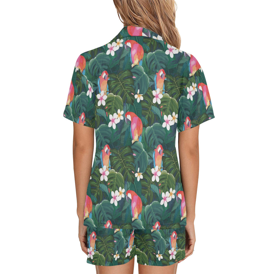 Parrot Palm tree leaves flower hibiscus pattern Women's V-Neck Short Pajama Set