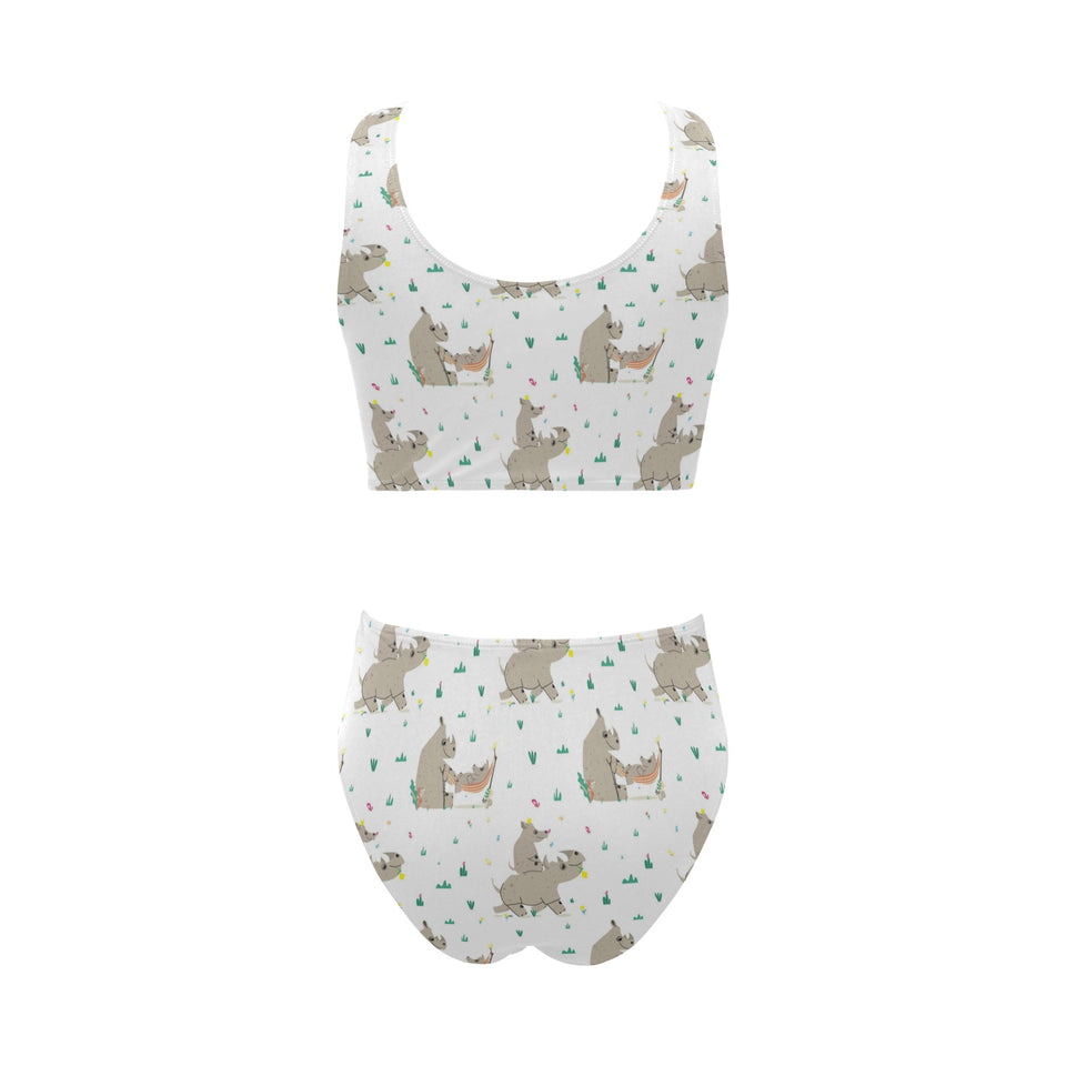 Cute Rhino pattern background Chest Bowknot High Waisted Bikini Swimsuit