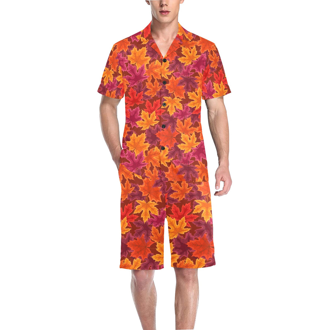 Autumn maple leaf pattern Men's V-Neck Short Pajama Set
