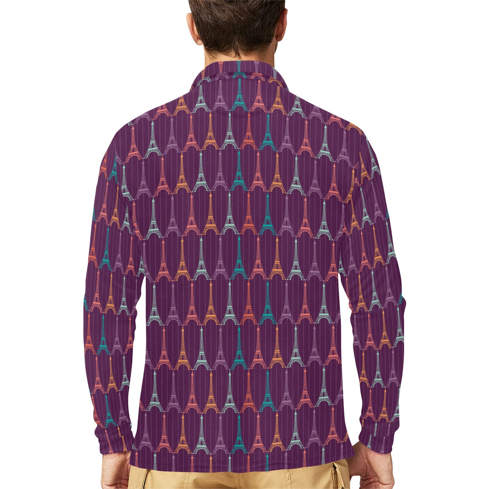 Eiffel Tower Pattern Print Design 05 Men's Long Sleeve Polo Shirt