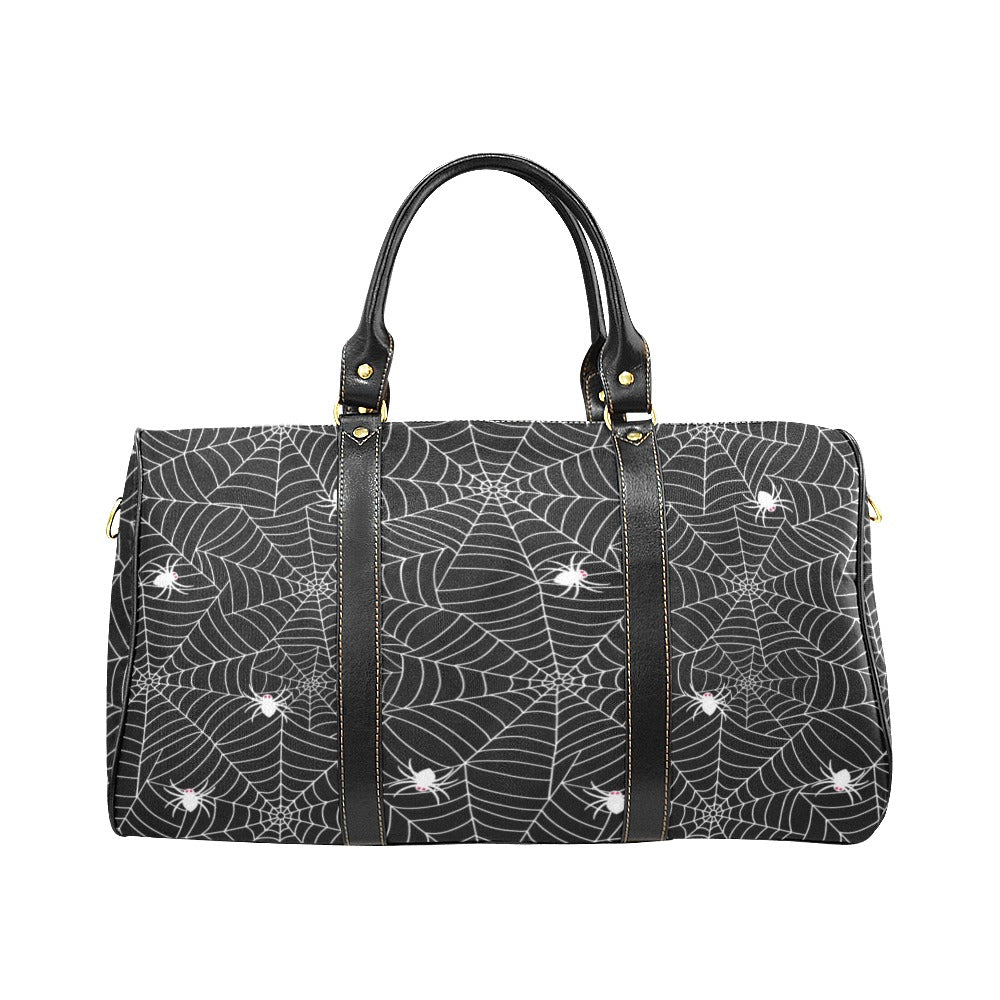 Spider web design pattern Black background white c Travel Bag