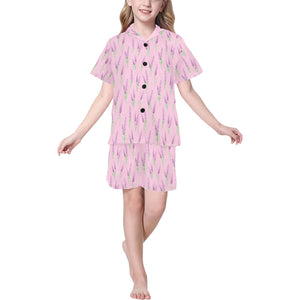 Lavender pattern pink background Kids' Boys' Girls' V-Neck Short Pajama Set