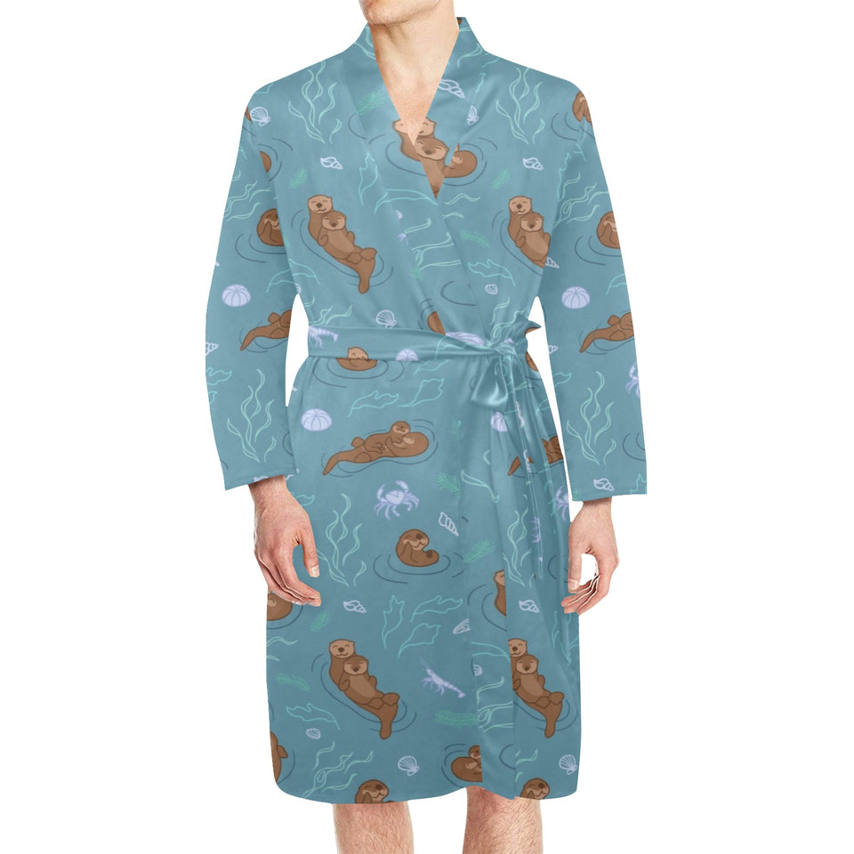 Sea otters pattern Men's Long Sleeve Belted Night Robe