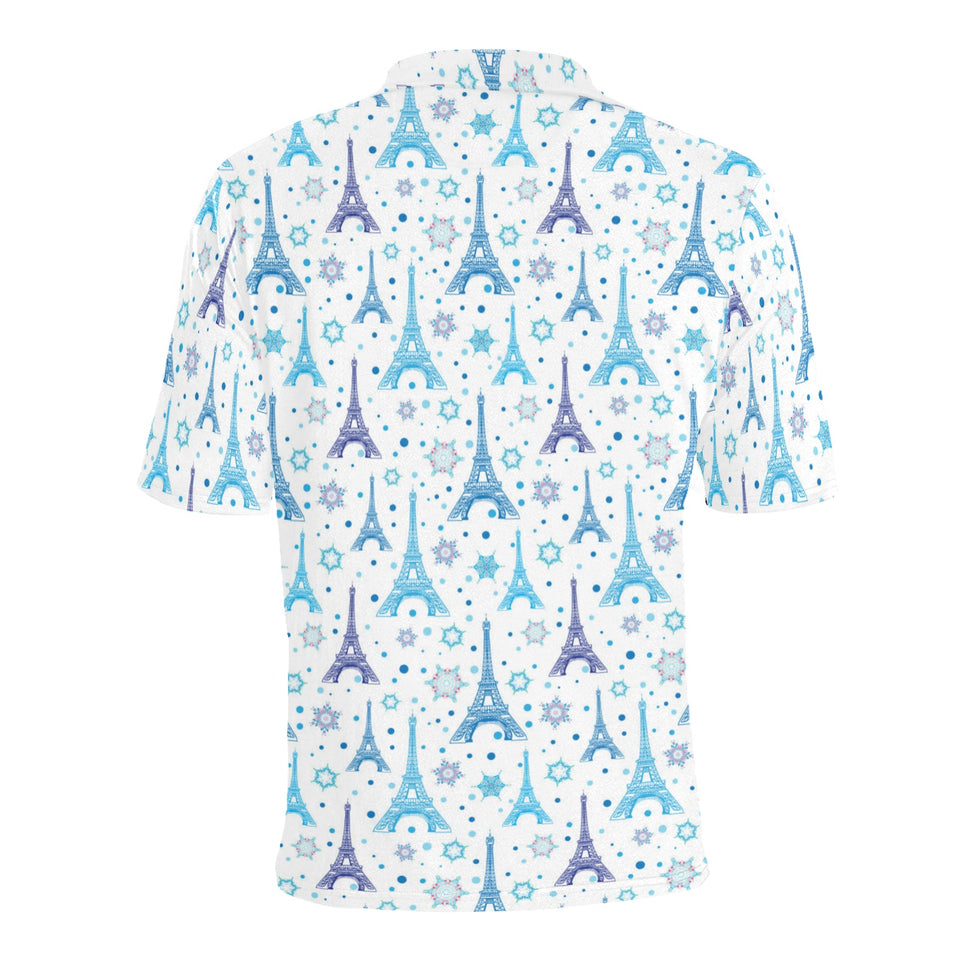 Blue Eiffel Tower Theme Pattern Print Design 01 Men's All Over Print Polo Shirt