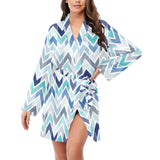 zigzag chevron blue pattern Women's Long Sleeve Belted Night Robe