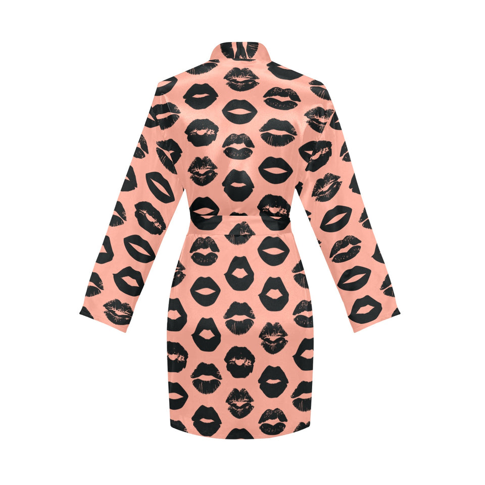 Lips Pattern Print Design 02 Women's Long Sleeve Belted Night Robe