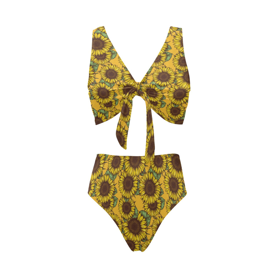 Sunflower pattern Chest Bowknot High Waisted Bikini Swimsuit