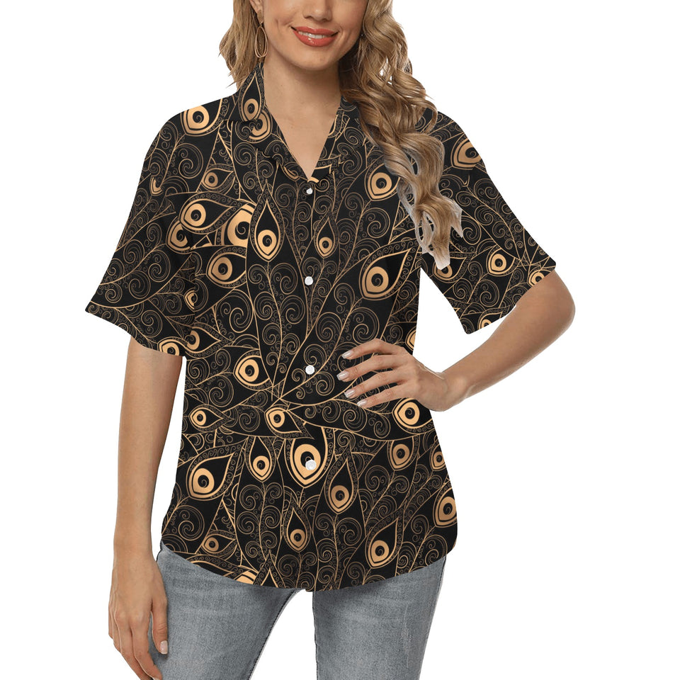 Gold peacock feather pattern Women's All Over Print Hawaiian Shirt