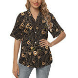 Gold peacock feather pattern Women's All Over Print Hawaiian Shirt