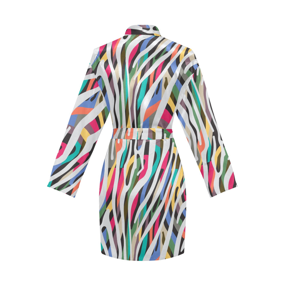 Colorful zebra skin pattern Women's Long Sleeve Belted Night Robe