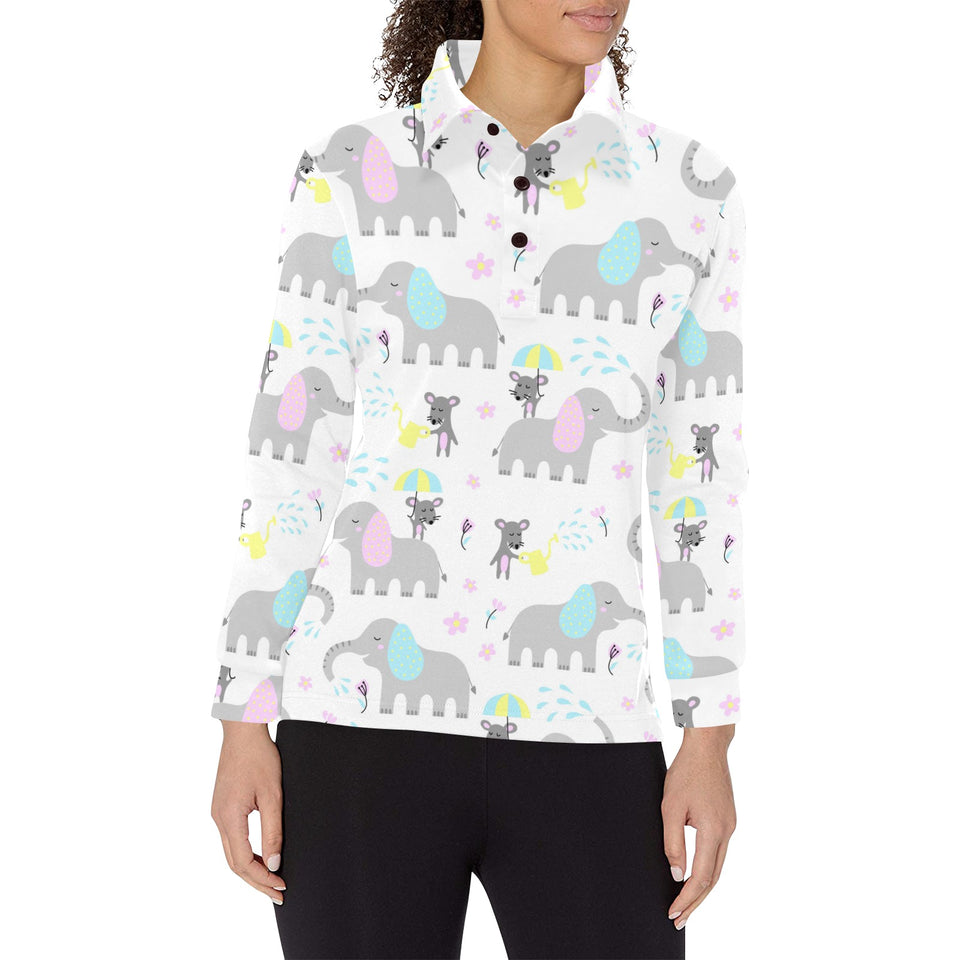 Cute elephant mouse pattern Women's Long Sleeve Polo Shirt
