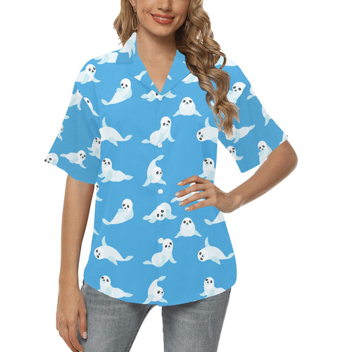 Cute sea lion seal pattern background Women's All Over Print Hawaiian Shirt