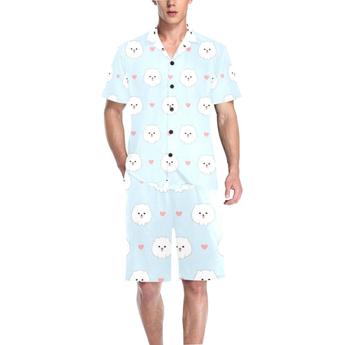 White cute pomeranian pattern Men's V-Neck Short Pajama Set