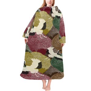 Japanese cranes flying forest dot pattern Blanket Robe with Sleeves