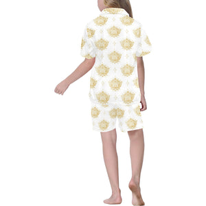 Gold Ornamental lotue waterlily symbol pattern Kids' Boys' Girls' V-Neck Short Pajama Set