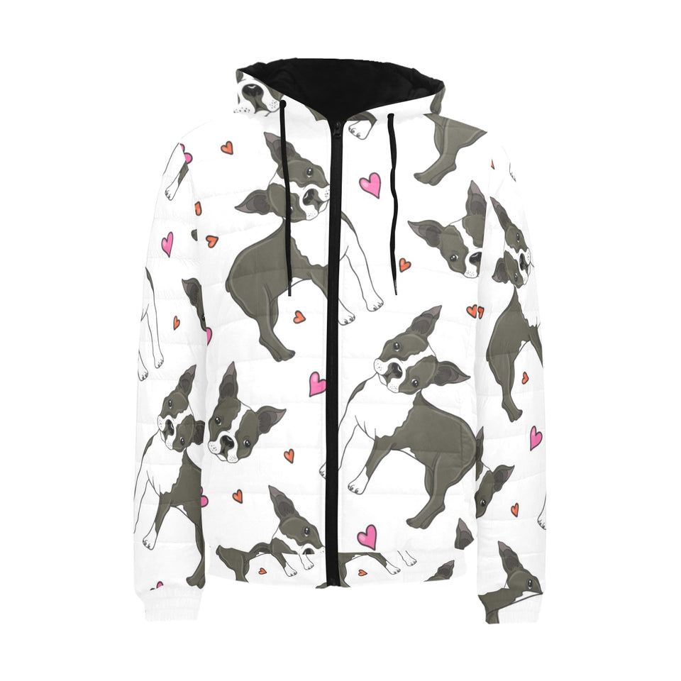 Boston terrier dog hearts vector pattern Men's Padded Hooded Jacket