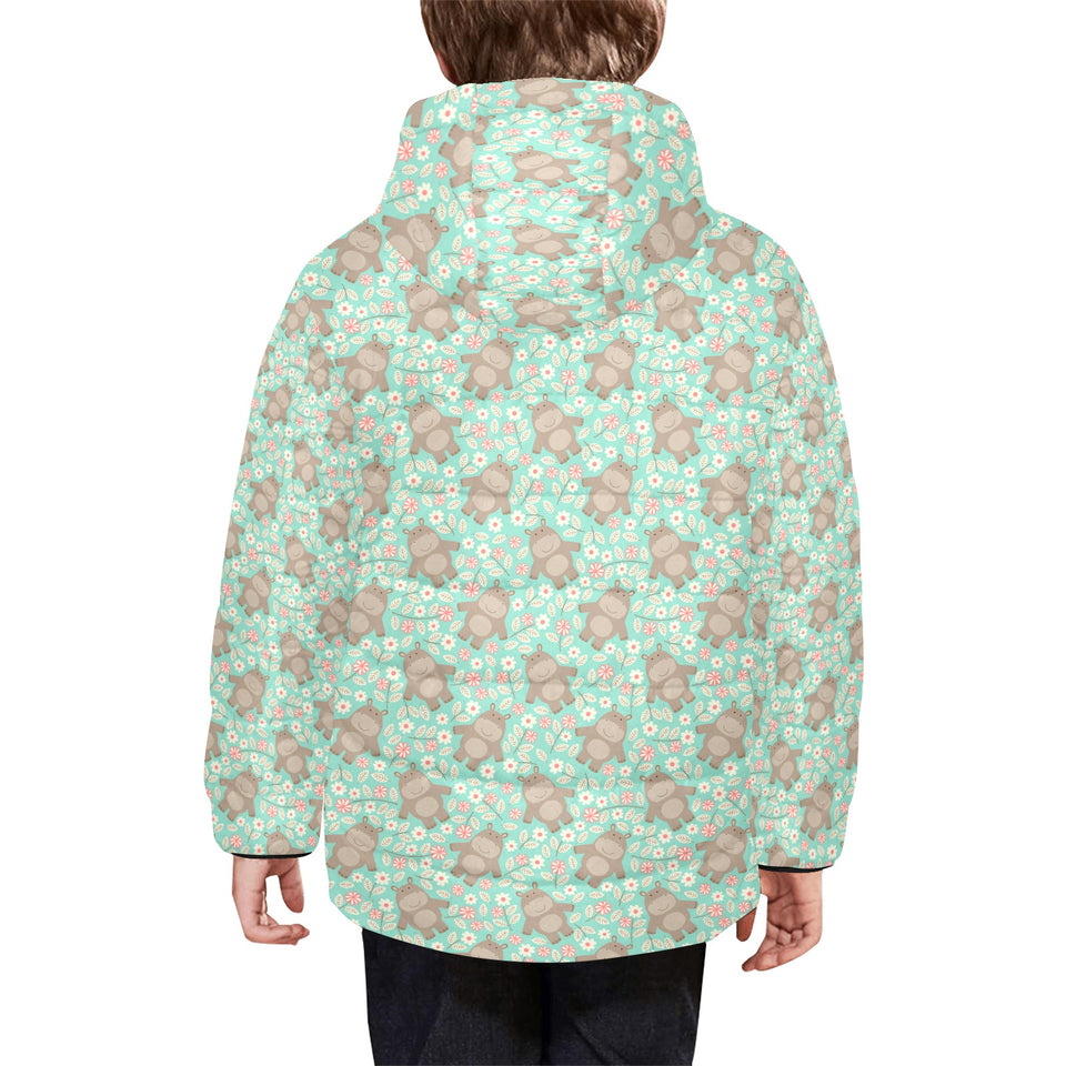 Hippopotamus Pattern Print Design 02 Kids' Boys' Girls' Padded Hooded Jacket