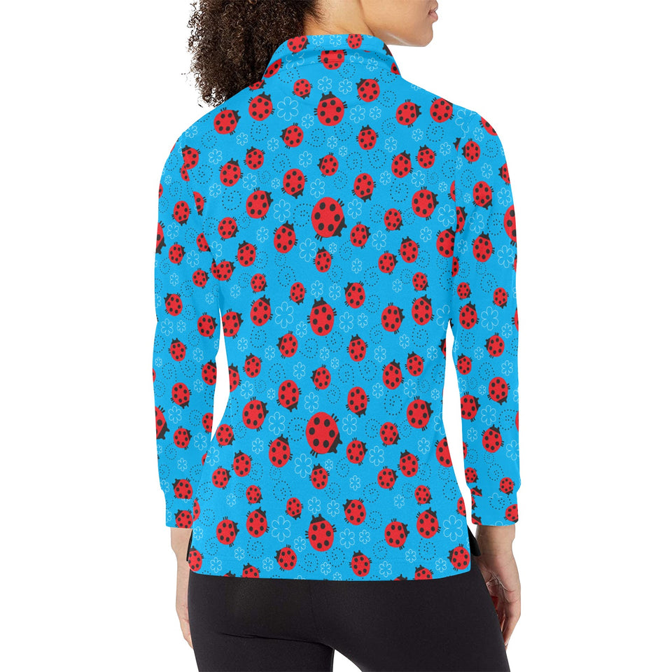 Ladybug Pattern Print Design 02 Women's Long Sleeve Polo Shirt