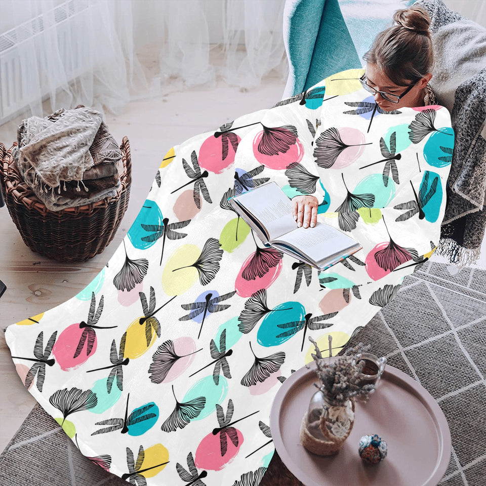Dragonflies ginkgo leaves pattern Blanket Robe with Sleeves