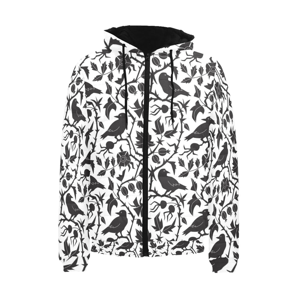 Crow dark floral pattern Men's Padded Hooded Jacket