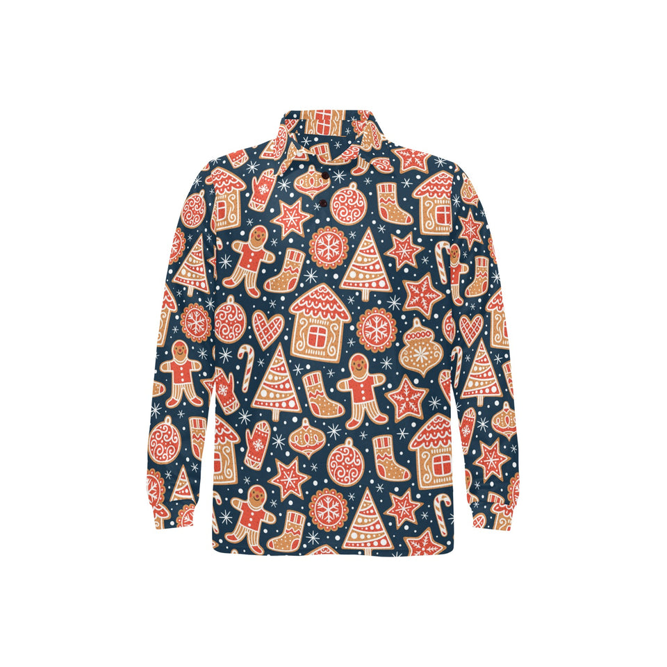 Christmas gingerbread cookie pattern Men's Long Sleeve Polo Shirt