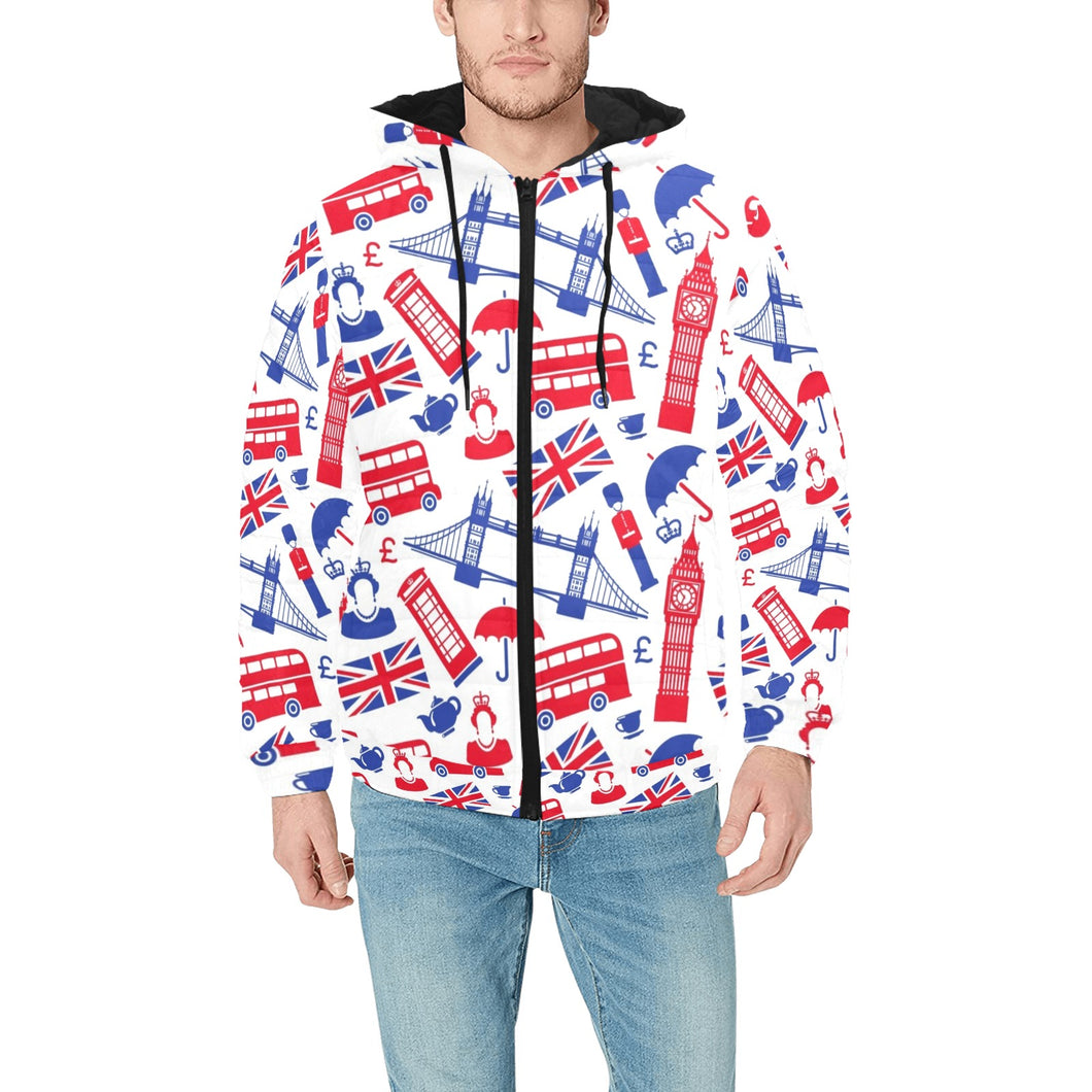 British Pattern Print Design 01 Men's Padded Hooded Jacket