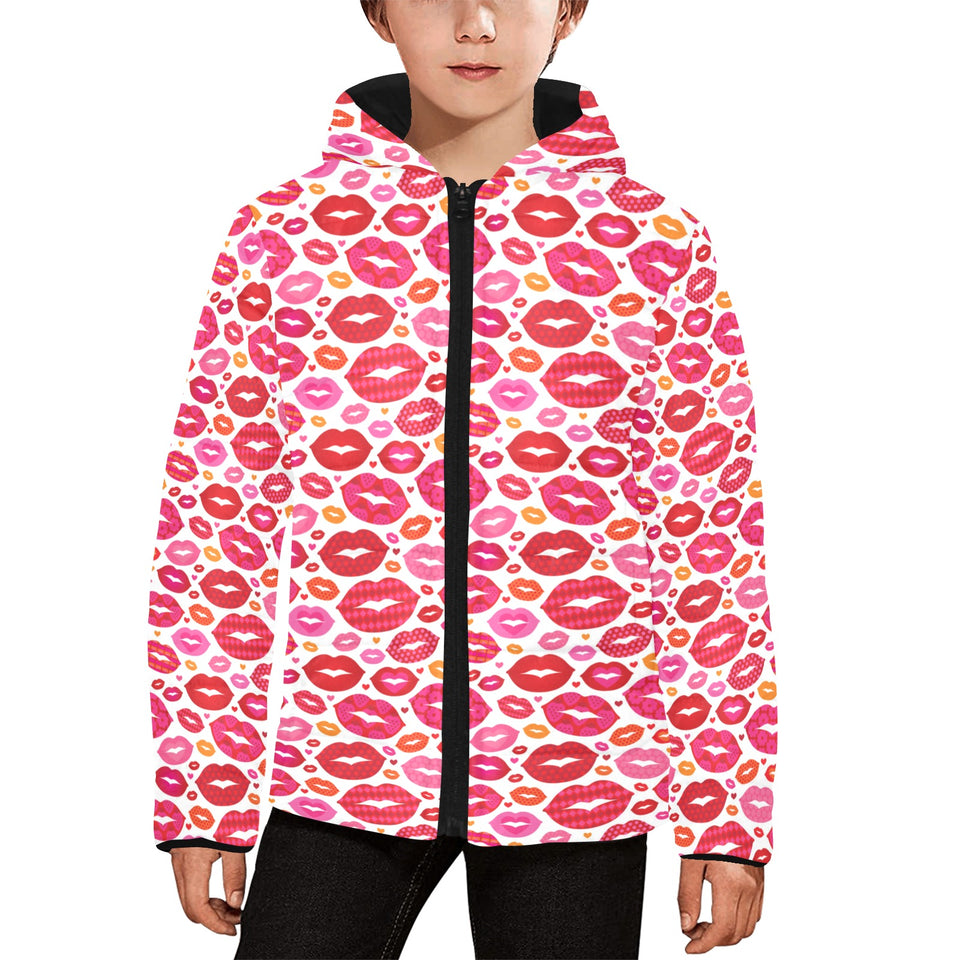 Lips Pattern Print Design 01 Kids' Boys' Girls' Padded Hooded Jacket