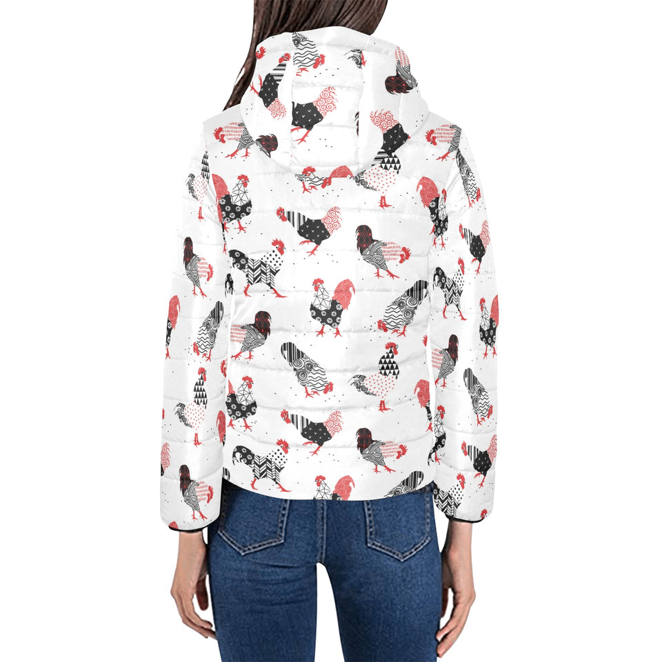 Cool rooster chicken cock floral ornament backgrou Women's Padded Hooded Jacket