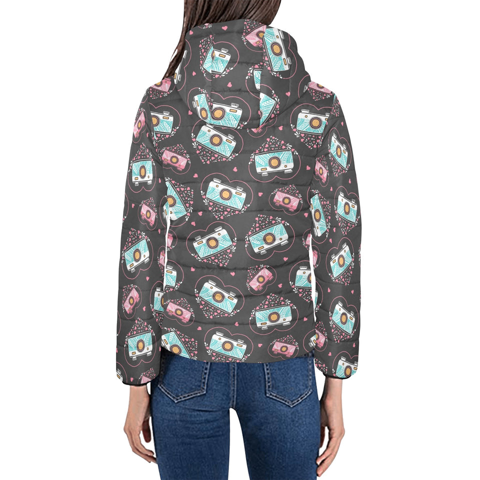Camera Pattern Print Design 04 Women's Padded Hooded Jacket