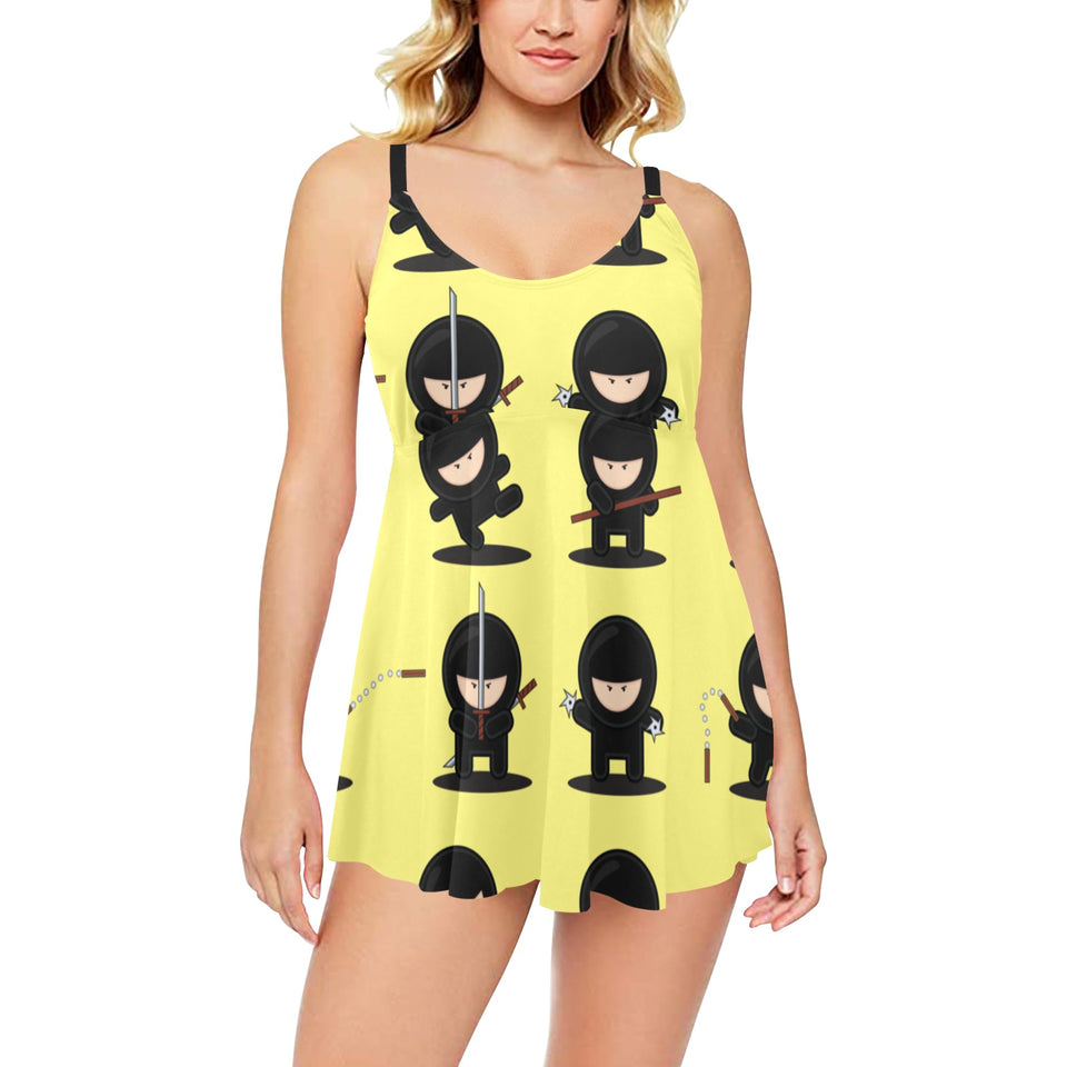 Cute ninja yellow background Chest Sexy Pleated Two Piece Swim Dress