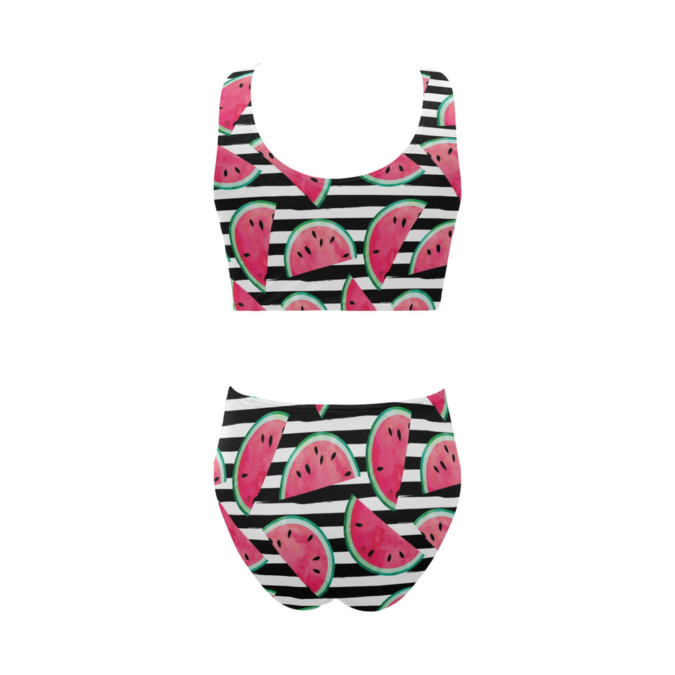 Watercolor paint textured watermelon pieces Chest Bowknot High Waisted Bikini Swimsuit