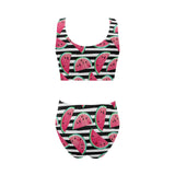 Watercolor paint textured watermelon pieces Chest Bowknot High Waisted Bikini Swimsuit