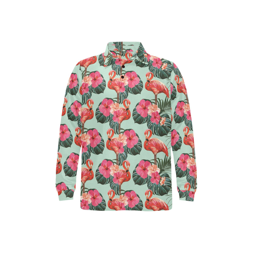 Beautiful flamingo tropical palm leaves hibiscus p Men's Long Sleeve Polo Shirt