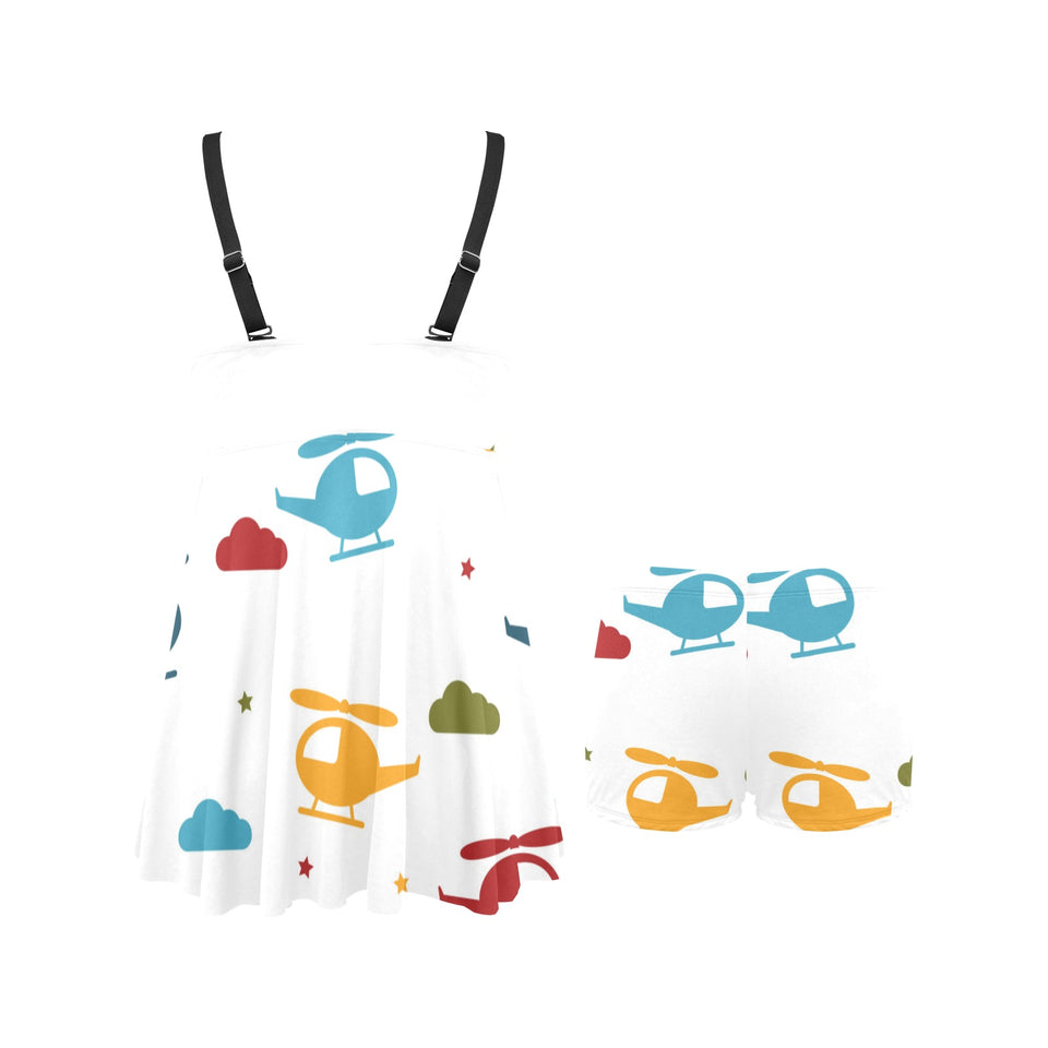 Colorful helicopter pattern Chest Sexy Pleated Two Piece Swim Dress