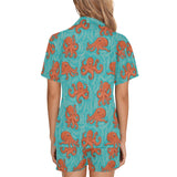 Octopus turquoise background Women's V-Neck Short Pajama Set